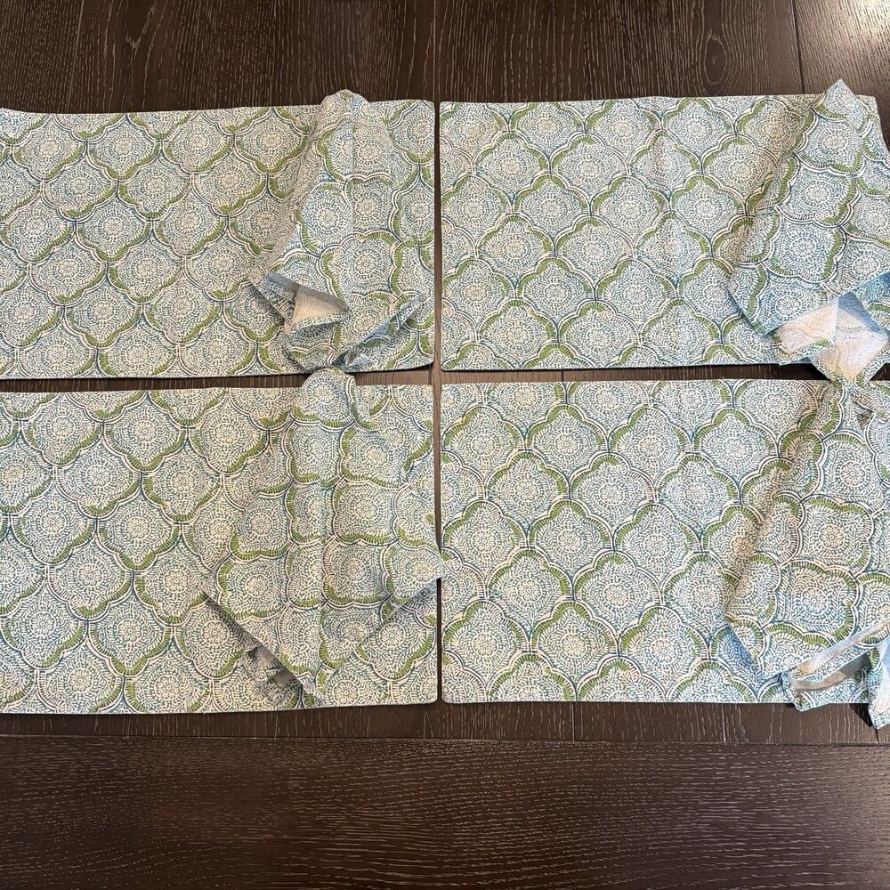 Set‎ Of 4 Blue Green & White Block Print Placemats & Cloth Napkins Boho Print